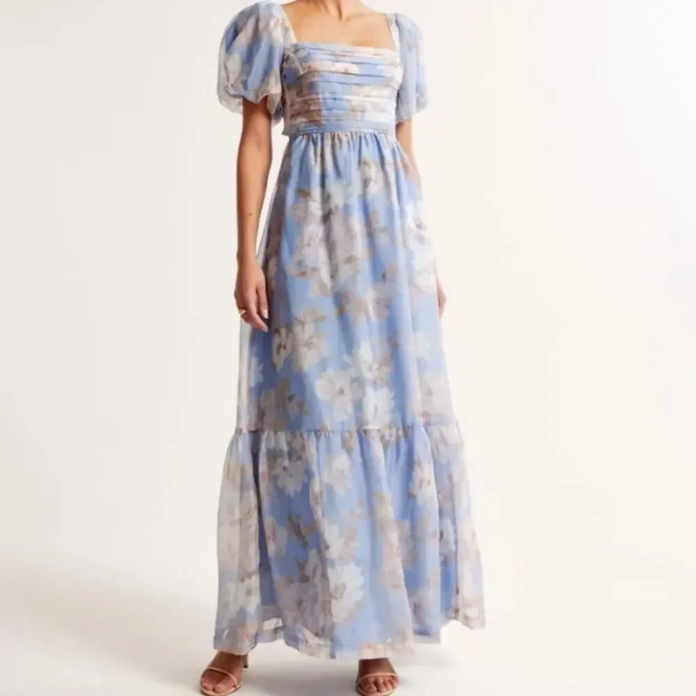 Abercrombie Emerson Drama Bow Back Floral Organza Maxi Dress Blue Large